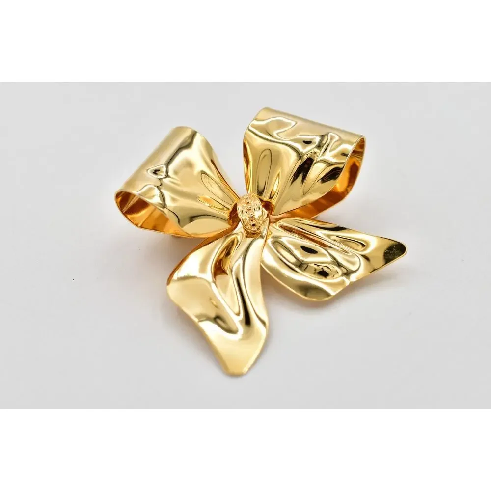 Vintage Chunky Gold Bow Brooch Pin Large Sculptural Ribbon Statement NOS BinA18